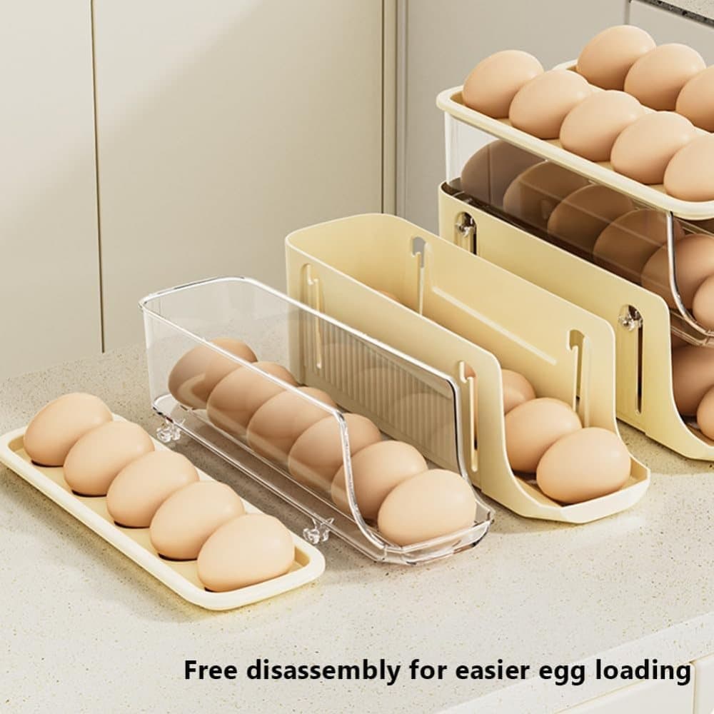 30 Eggs Egg Container 2-Pack, Foldable Automatic Rolling Egg Holder with Dispenser for Refrigerator, 2-3 Levels, Yellow