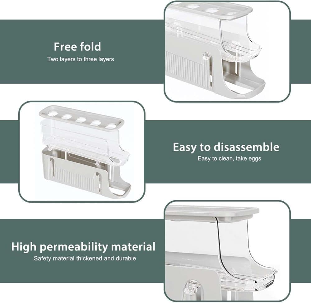 30 Eggs Egg Container 2-Pack, Automatic Rolling Foldable Egg Holder with Dispenser for Refrigerator, 2-3 Levels, Gray
