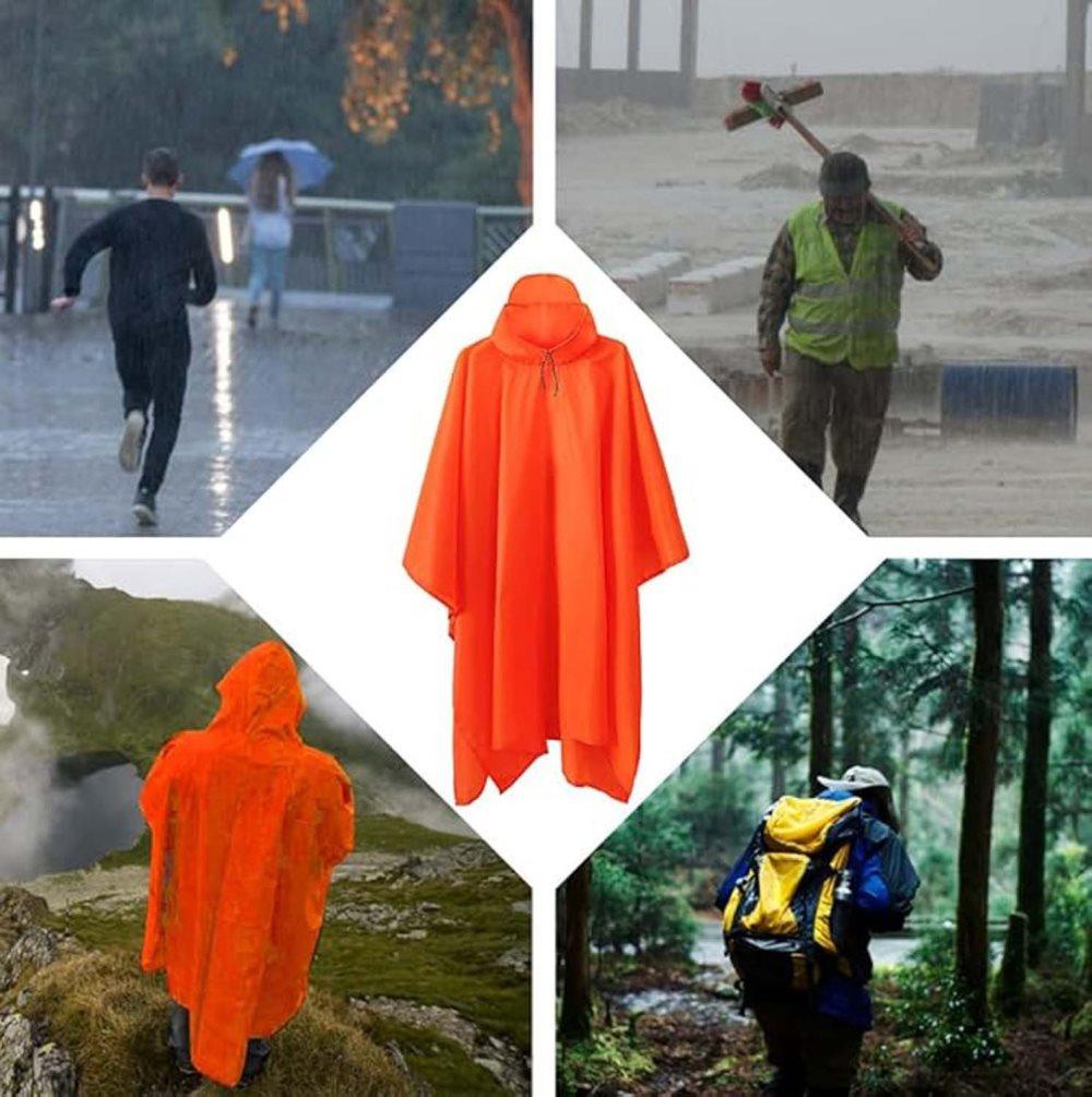 Breathable Waterproof 3-in-1 Rain Jacket Poncho with Hood for Outdoor Activities, Orange