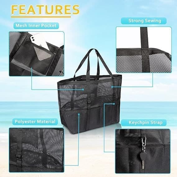 Foldable Mesh Beach Bag with 6 Pockets, Family Picnic Bag, Gray, One Size