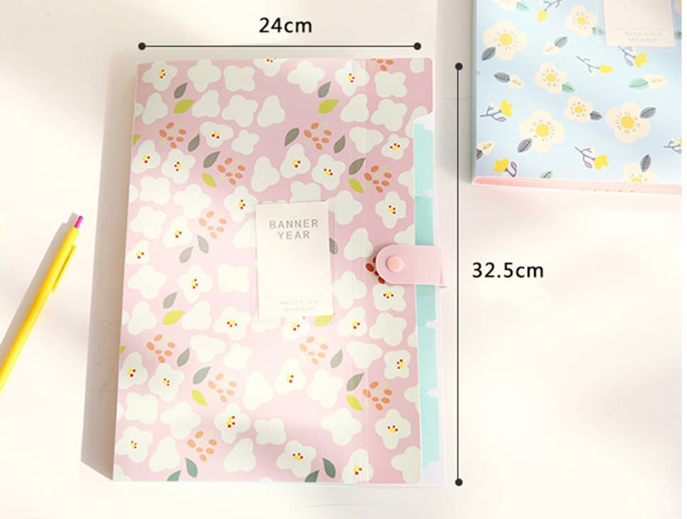 8 Compartments A4 Document Folder Waterproof Floral Pattern, with A4 Size, Yellow