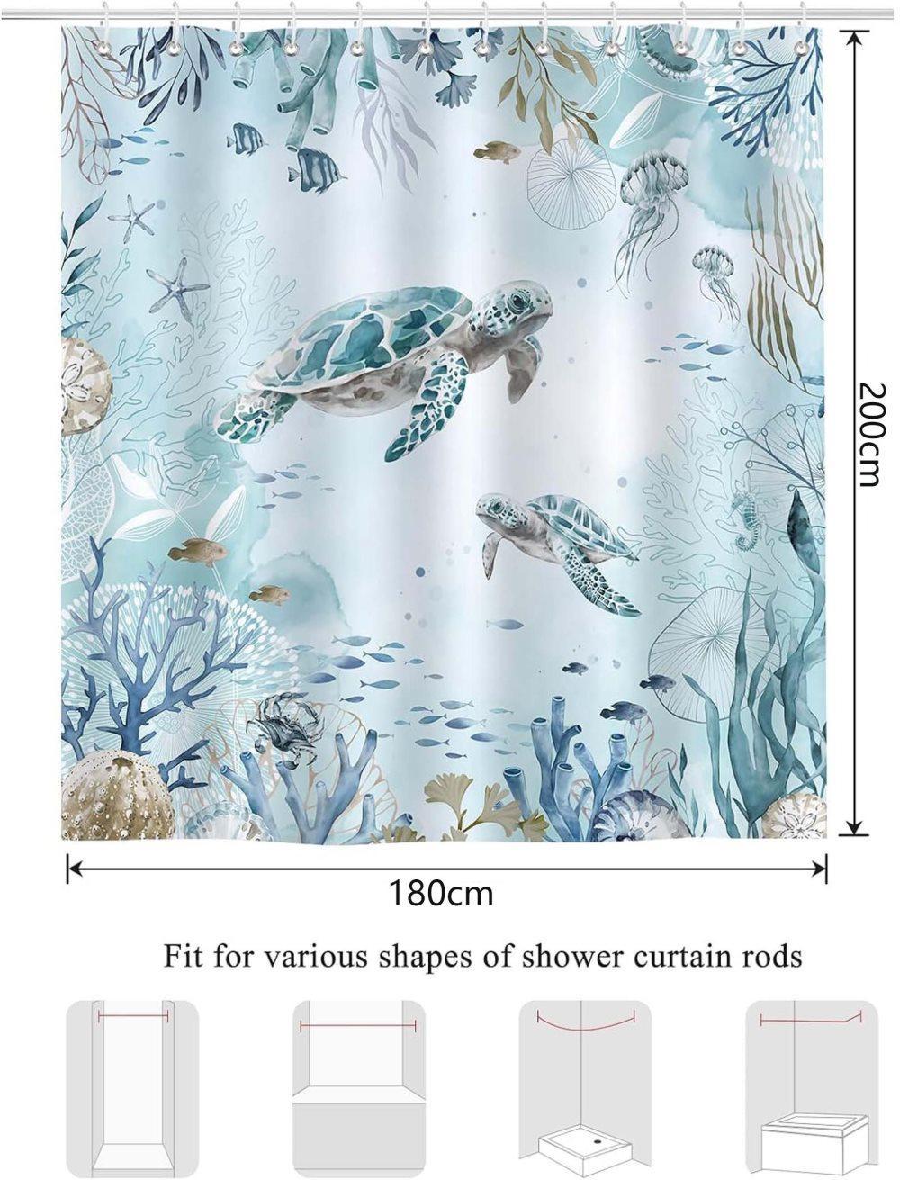 Waterproof Polyester Shower Curtain with Sea Turtle and Dolphin Motif, Mildew Resistant, Light Blue, 180x200 cm