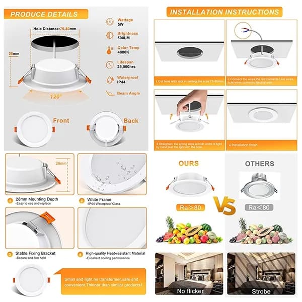 8 pcs LED Spotlight Waterproof IP44 Neutral White Light 4000K, for Bathrooms and Living Rooms