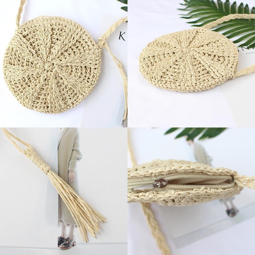 Retro style round straw beach bag, white, perfect for summer