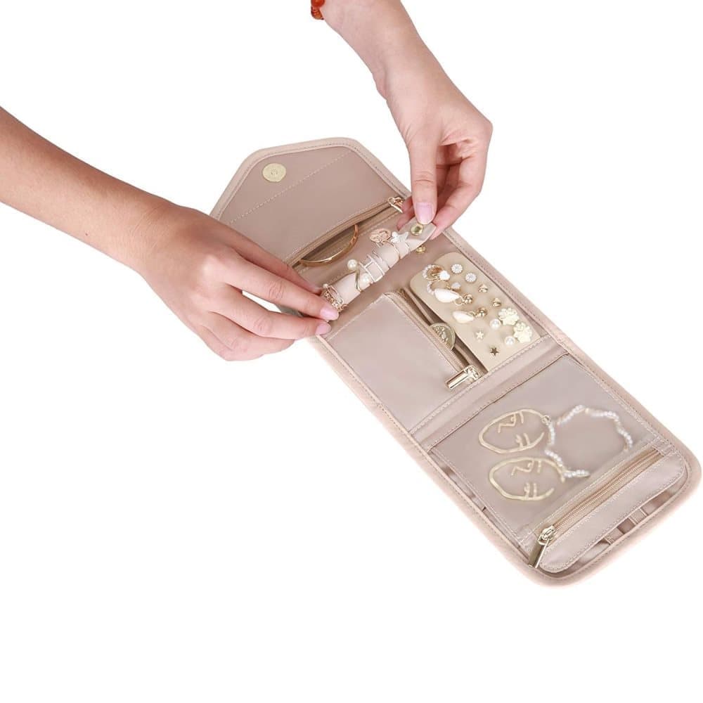 Pink Travel Jewelry Box with Compartments, 15cm, Compact Jewelry Storage Bag Easy to Carry in Your Bag