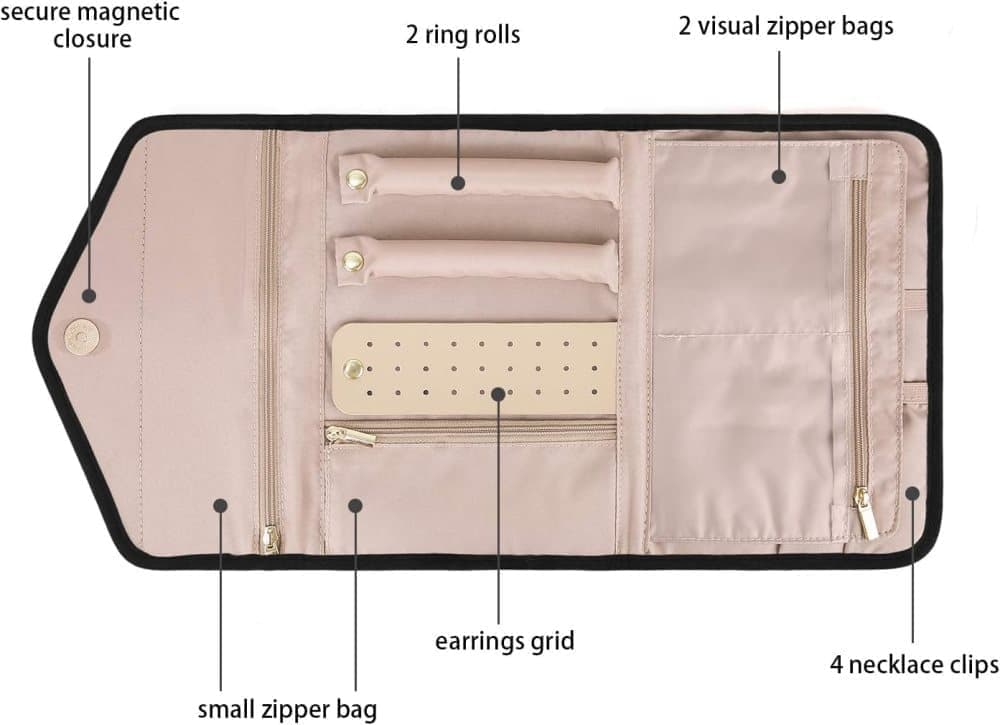 Black Travel Jewelry Box with Compartments, 23cm, Compact Jewelry Storage Bag Easy to Carry in Your Bag