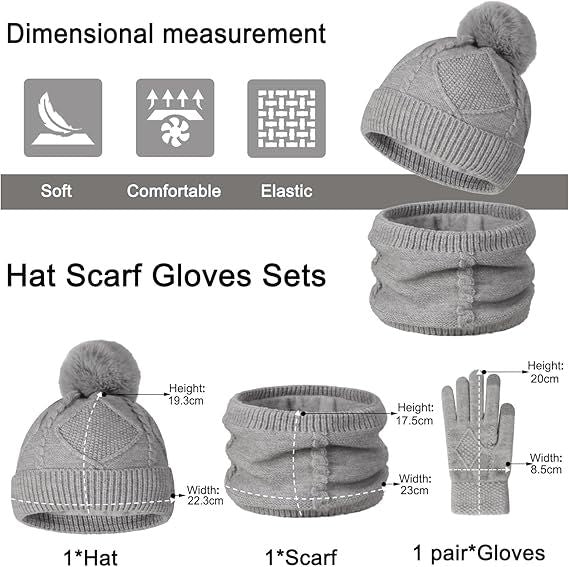 Women's 3-in-1 Winter Set - Hat + Scarf + Gloves - Thermal Reinforced Fleece Lining - Knit Beanie with Pom-Pom - Touchscreen Gloves - For Cold Winter Weather