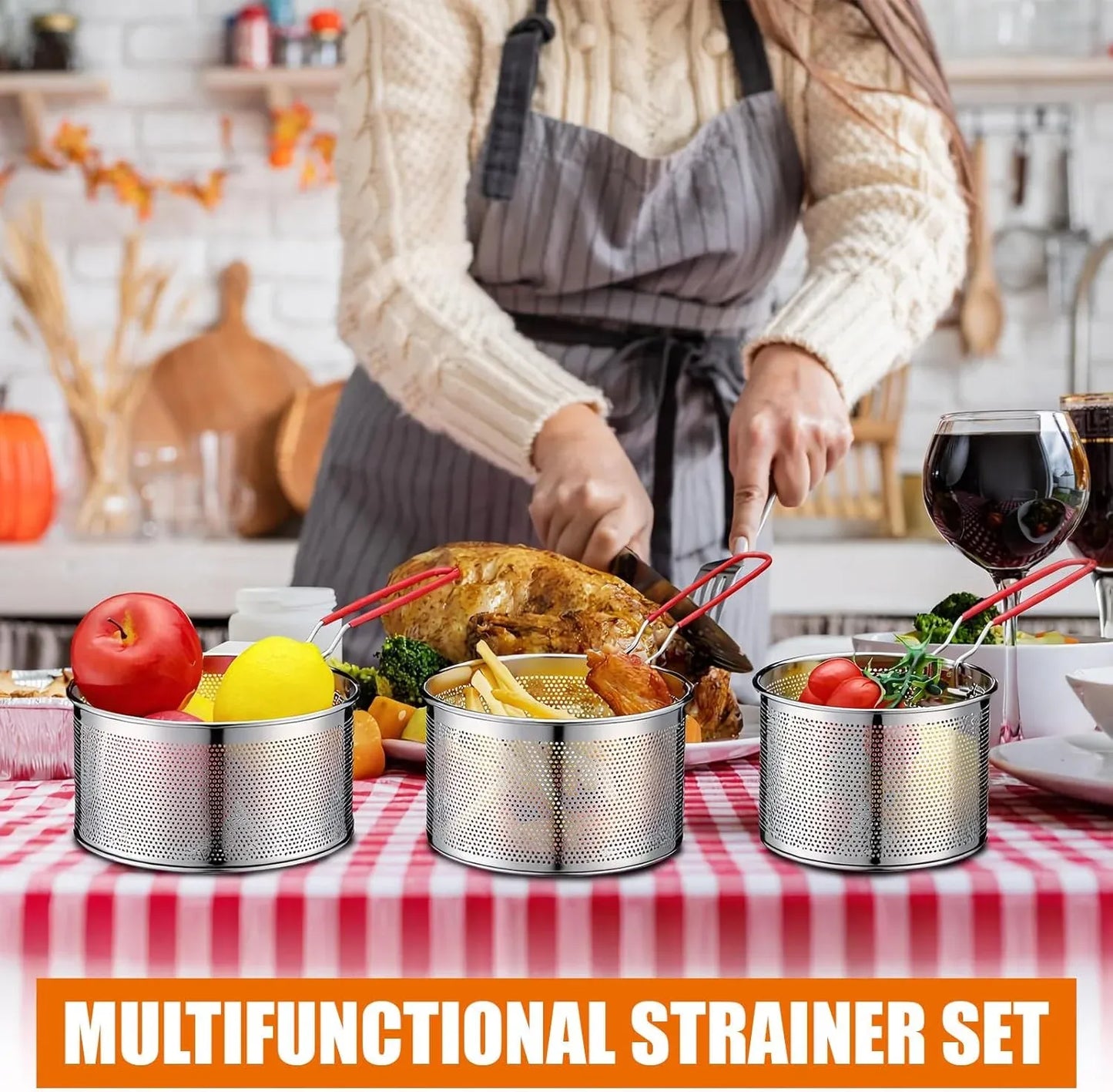 3 Pack 304 Stainless Steel Pasta Strainer Baskets, Removable Long Handle Noodle Blanchers