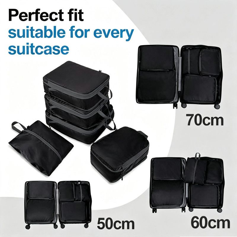 5-Piece Black Compression Packing Cube Set, Water-Resistant Luggage Organizers for Suitcases and Travel
