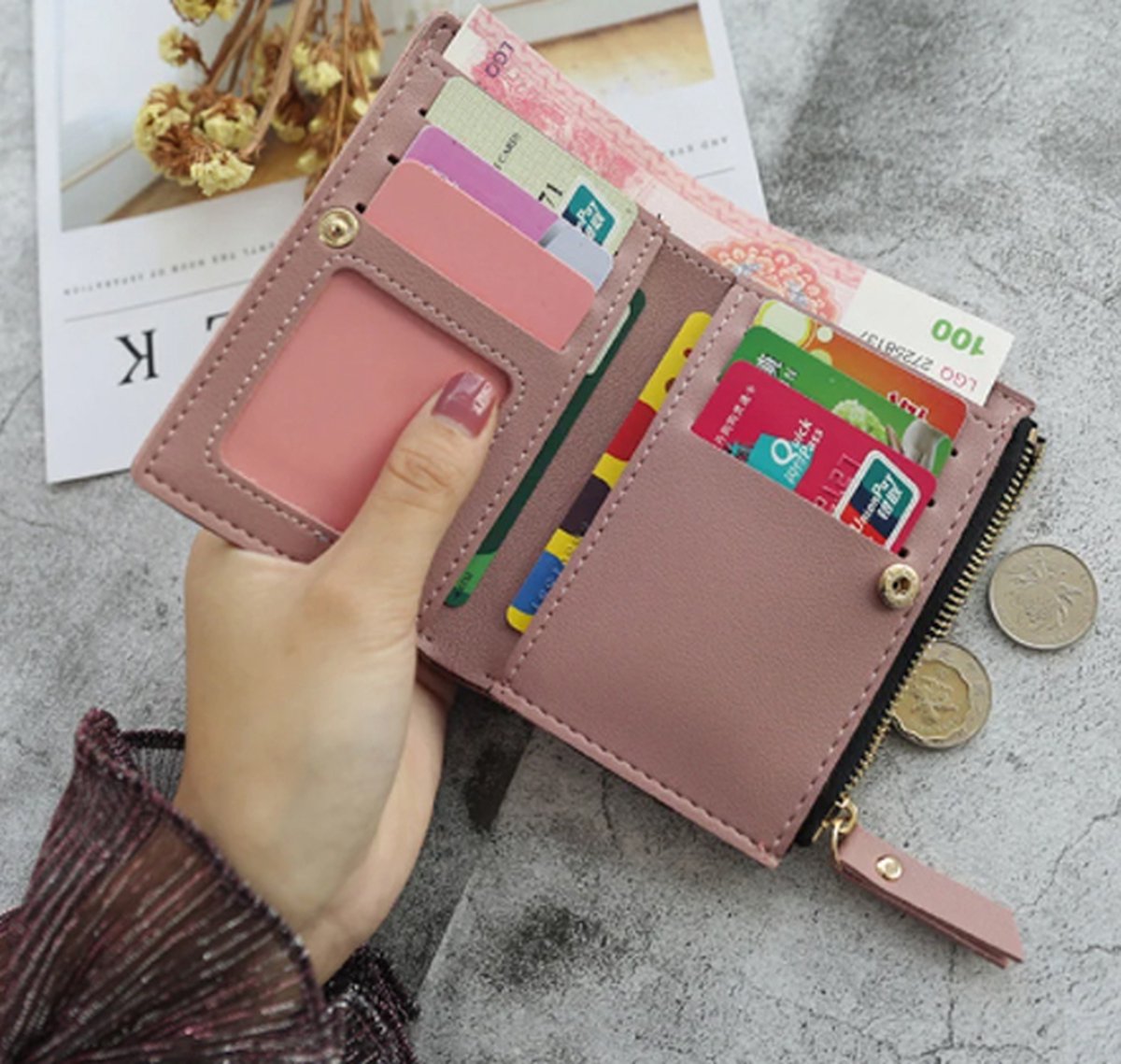 Luxury Card Holder with Flowers | Credit Card Holder | With Cash Compartment | Card Holder | Wallet | PU Leather | Purse | Light Green