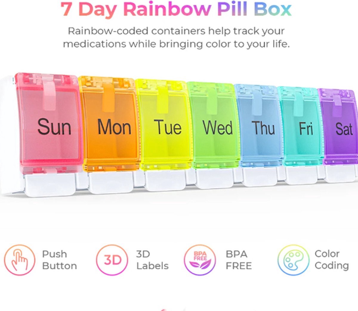 Pill Box | Pill Box | Medicine Box | Pill Box | Sunday to Saturday | 7 Days | 1 Week | Push Button | Multicolor