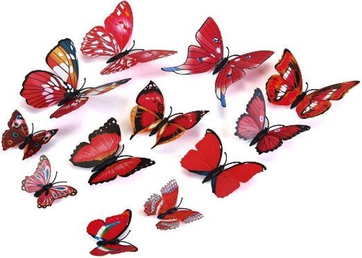 3D Wall Decoration Butterflies 12 Pieces | Wall Butterflies | Butterfly Wall Stickers | Red