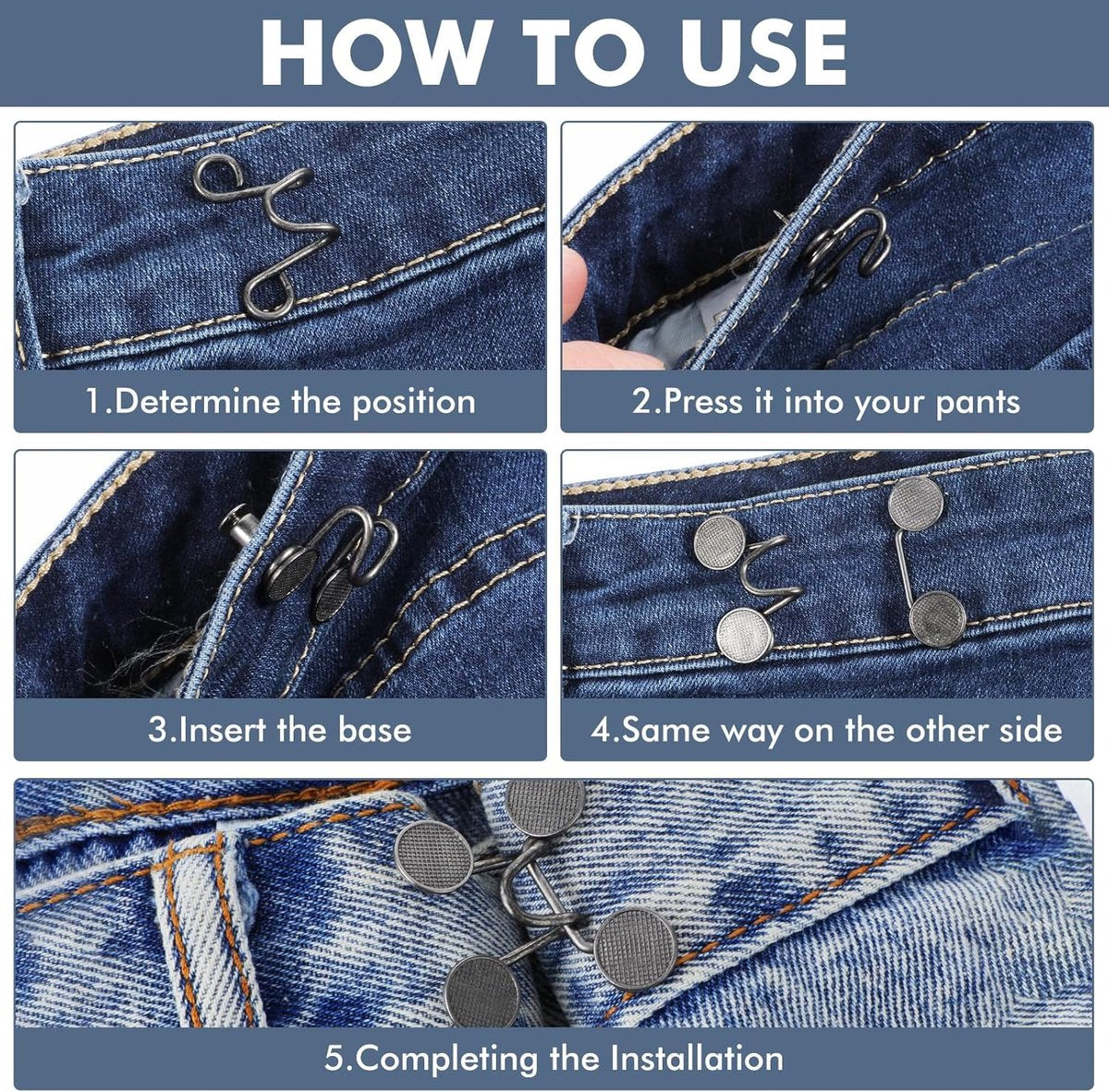 Waistband reinforcement clip - Set of 4 pieces - Adjustable belt buckle without rivets - Jeans button pin - Detachable waist buckle - Jeans waistband reinforcer - Trouser reinforcement button