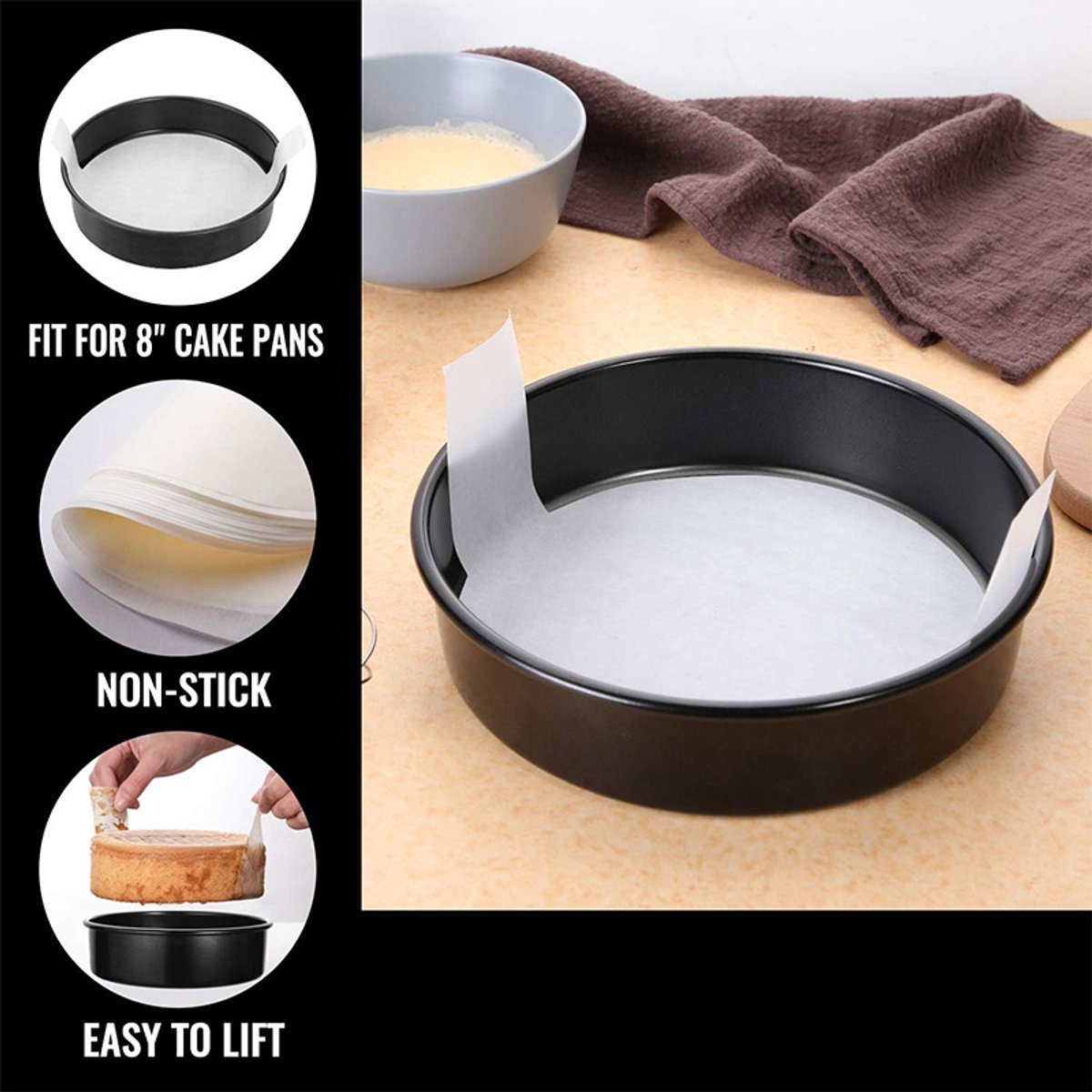 Set of 1 20 cm round baking pan - non-stick carbon steel baking pans with 50 baking paper, dishwasher safe, durable for layer cakes, birthday and Christmas pastries
