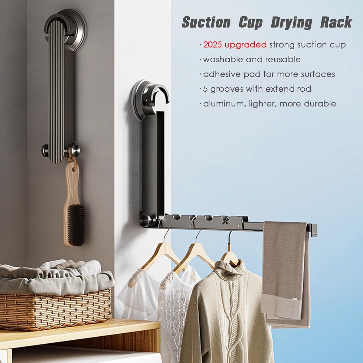 Wall drying rack – Foldable, aluminium, vacuum suction cup (grey)