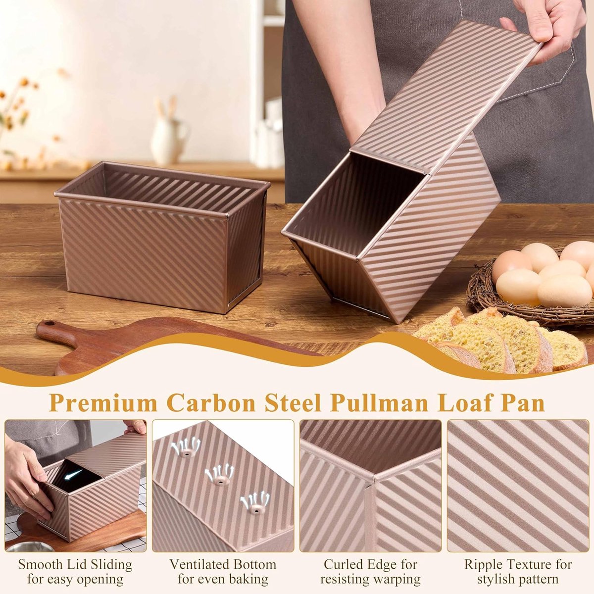 2-pack Pullman loaf pan with lid - 1 pound bread baking pan - non-stick coating for homemade sourdough bread - toast box - sturdy corrugated baking pans with lid - rose gold