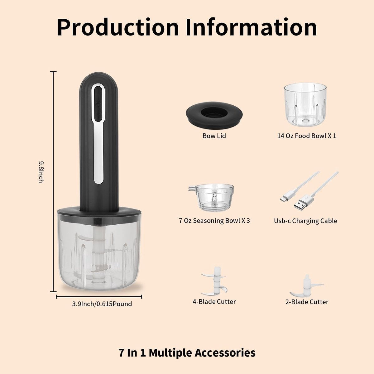 Food Processor - Cordless and USB-C Rechargeable - 4 Cups for Portion Control - Powerful Stainless Steel Blade - for Small Kitchens and Camping