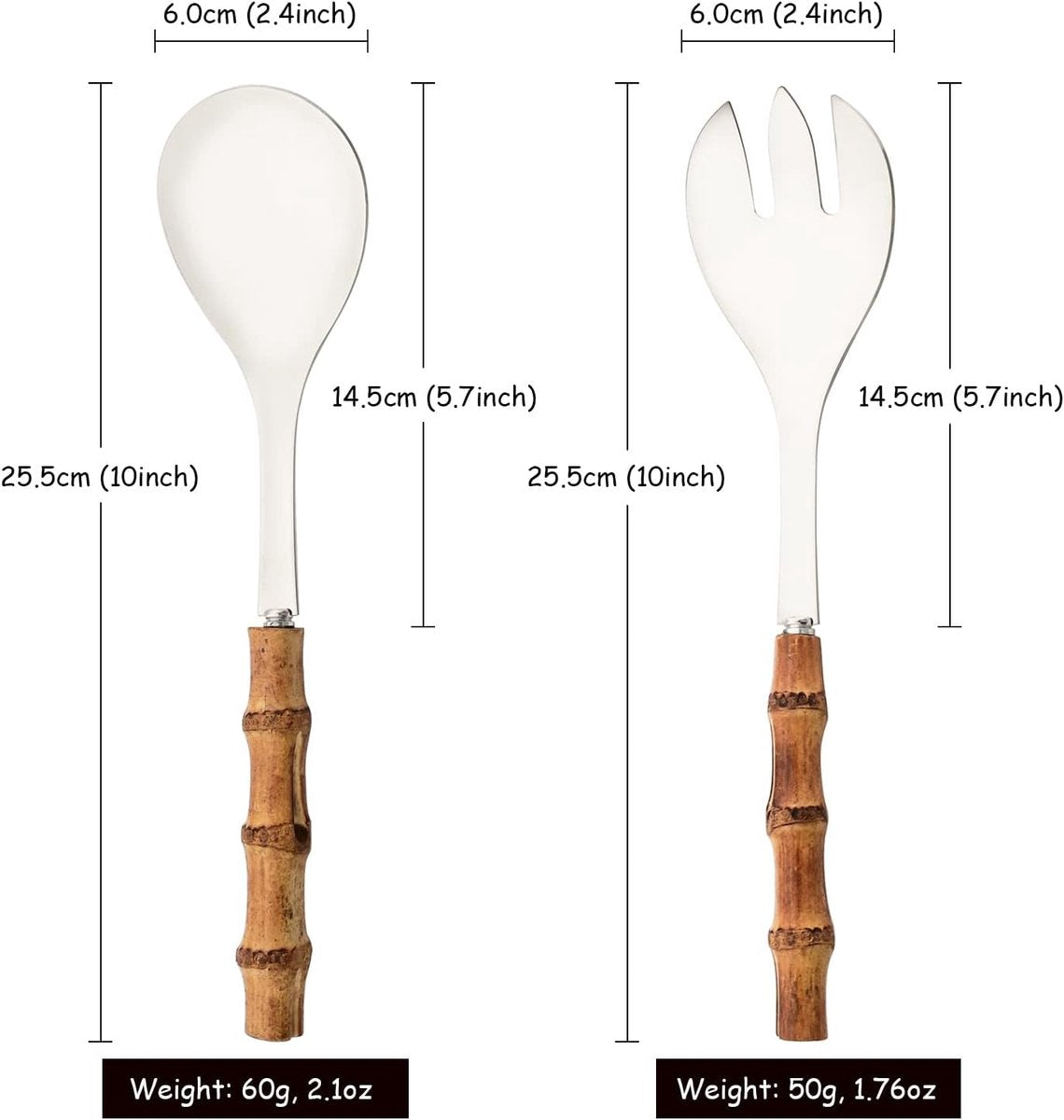 Cutlery set - including spoon and fork - made of 304 stainless steel - with natural bamboo handles, 25 cm long - suitable for kitchens, parties, buffets, etc. - 4 pieces in total / 2 of each