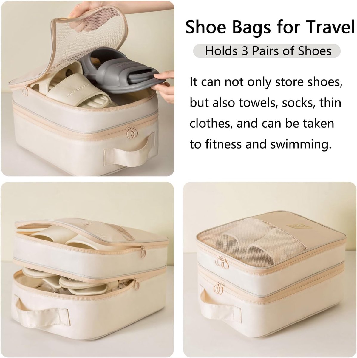 2 shoe storage bags - for travel and daily organization - suitable for 3 pairs of shoes - portable and compact shoe organizer for luggage (off-white)