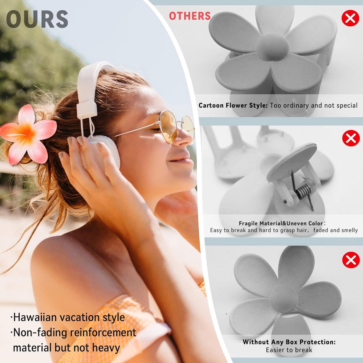 Floral hair clips - Pack of 4 - Suitable for thick hair - Strong non-slip - Hawaiian style - Cute large hair clips - Banana clips for fine hair - Hair accessory as a gift for ladies and girls during the holidays