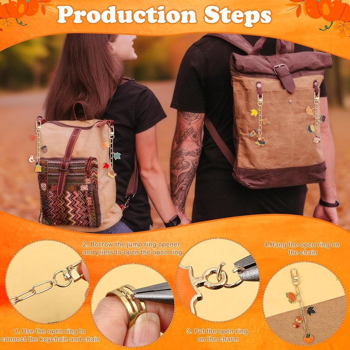 Autumn keychain making set - 60 autumn charms & 12 clips - plus accessories