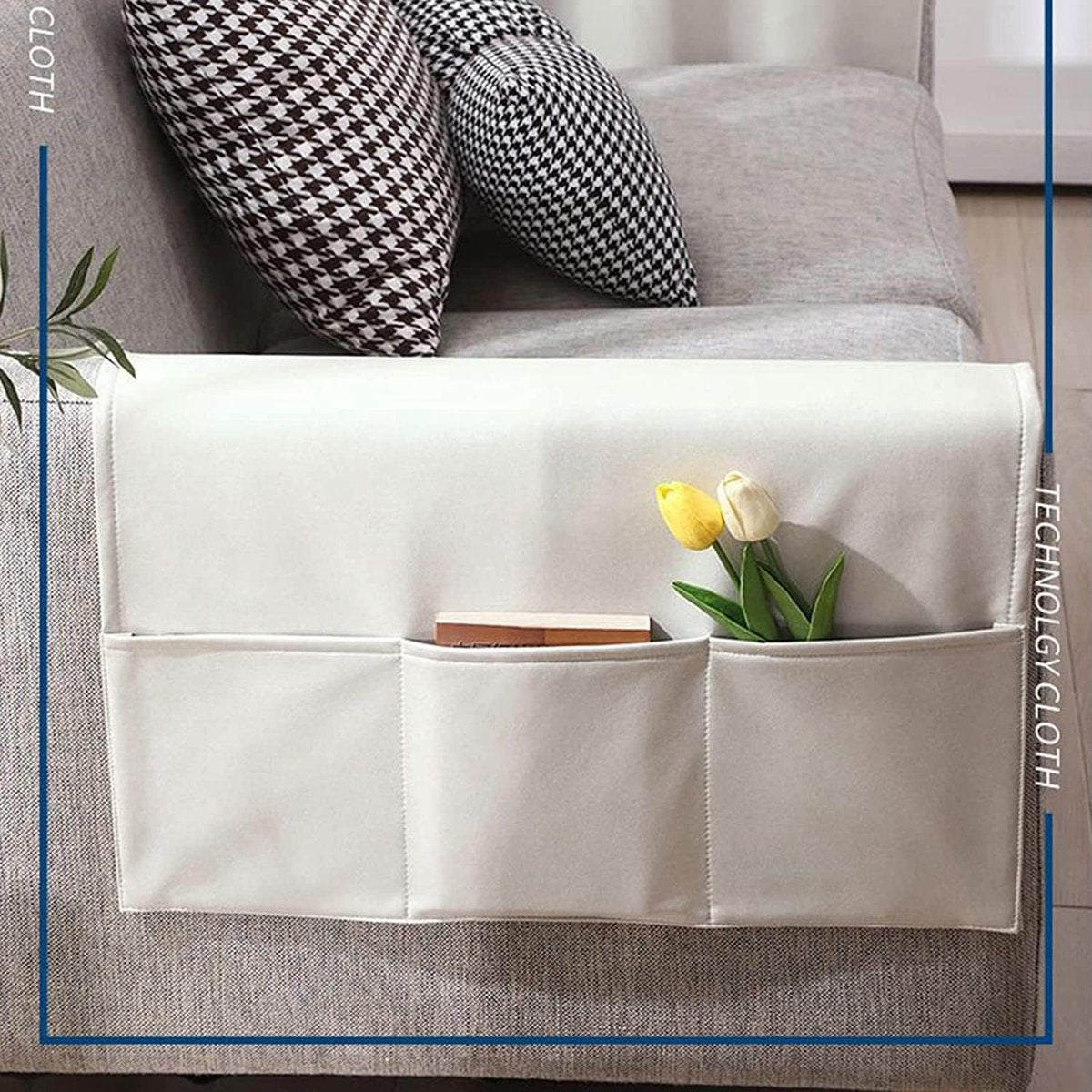 Sofa Armrest Storage - 5 Compartments - Reinforced Tech Fabric - Remote Control Holder - White (70*110CM)