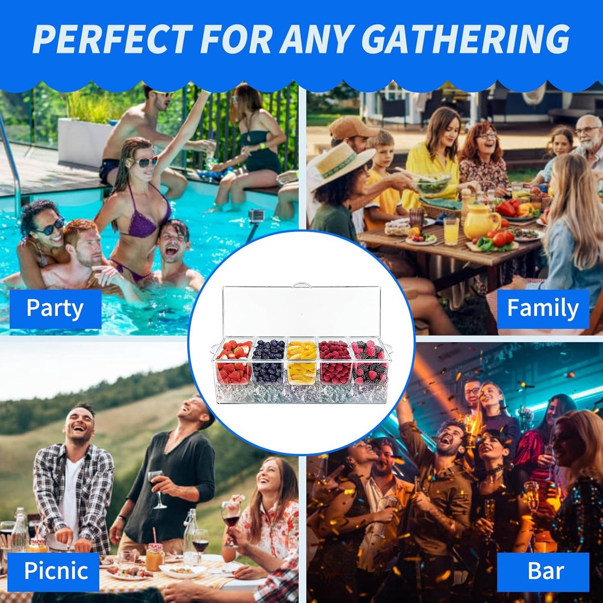 Large ice-cooled condiment holder - Chilled condiment holders - with lids for 5 removable compartments (2.5 cups) - Serving bowls, fruit and garnish bowl - for party supplies and bar accessories