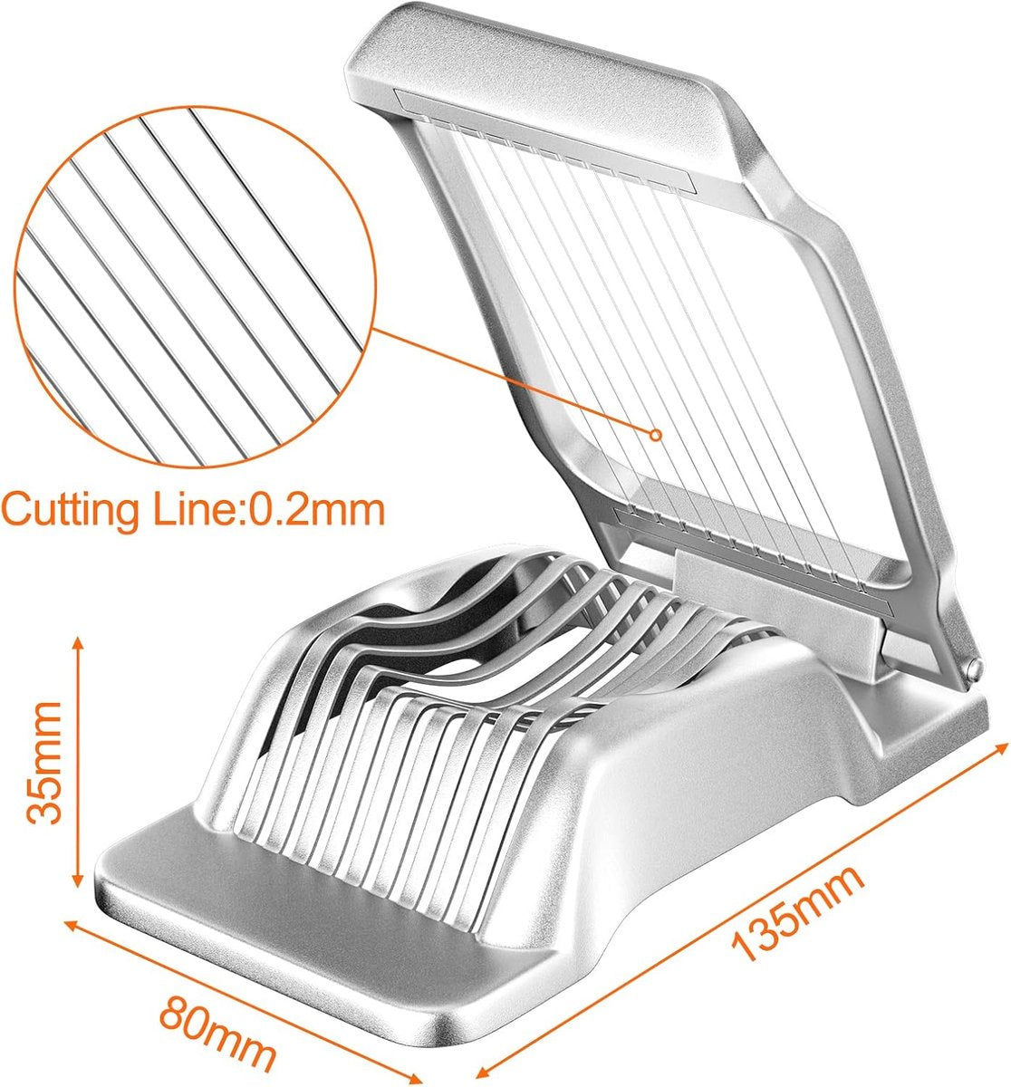Professional aluminum egg slicer - sturdy and durable - can slice boiled eggs - dishwasher safe - independent and stable tension - suitable for slicing eggs, kiwis, strawberries, and other soft fruits.