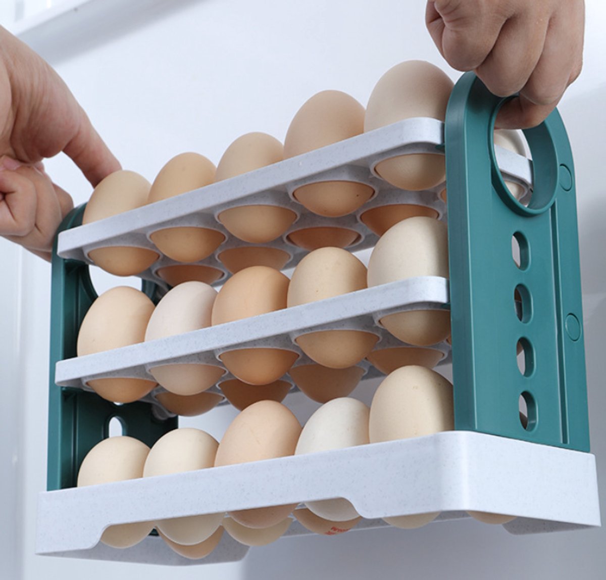 Egg Basket 30 Compartments 3 Layers - Dark Blue Flip-Down - With Handle for Refrigerator