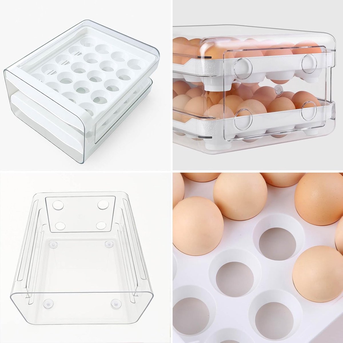 Egg carton - Egg storage box - Kitchen storage box - Double-layered, stackable - Suitable for 40 eggs - Transparent plastic egg holder - 28*22*12 cm - White