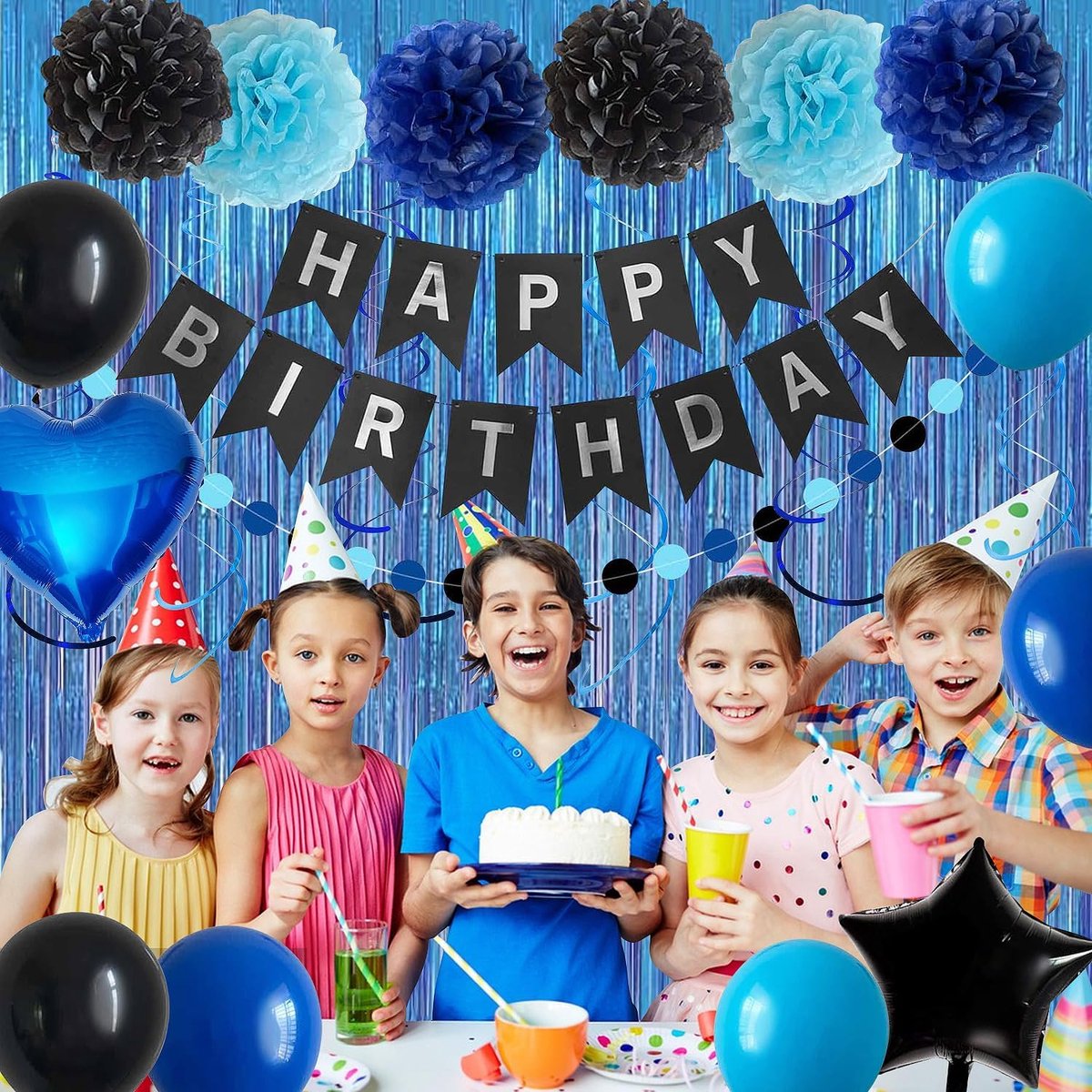 Blue-black birthday party decoration set - Banner & balloons