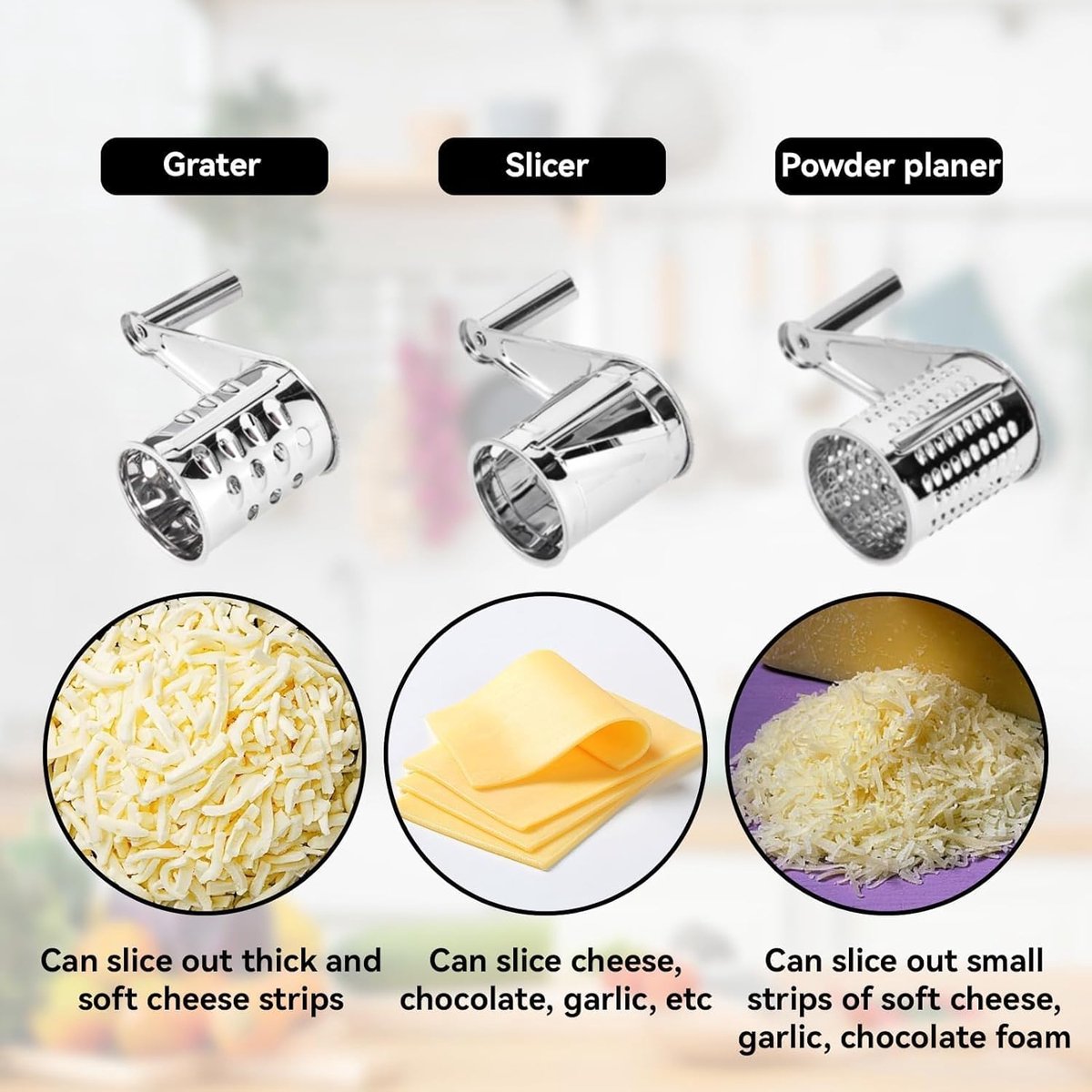Rotary cheese grater - Stainless steel cheese cutter - Slicer - Grater - With 3 roller blades - Handy design - Suitable for kitchens