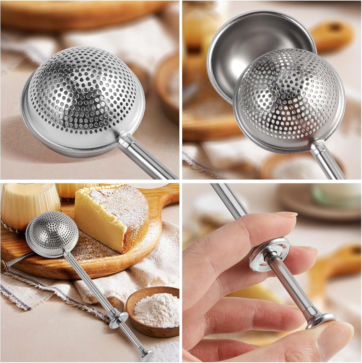 Flour Sieve - 304 Stainless Steel Fine Kitchen Sieve - Long-handled kitchen sieve - Handy Dusting Tool with Fine Mesh - Ideal for Powdered Sugar and Spices