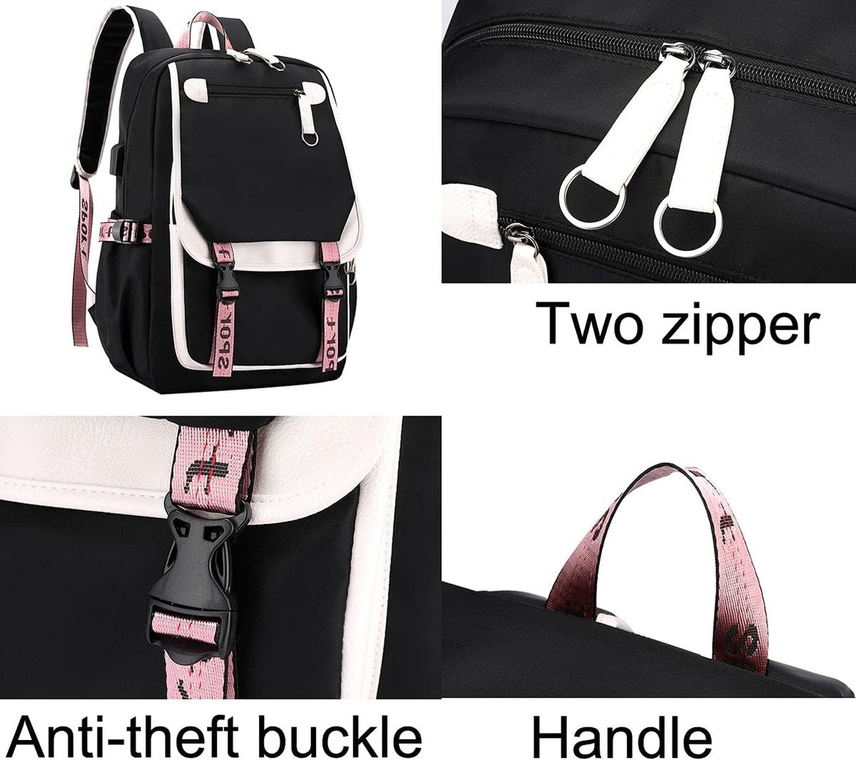 Girls School Student School Bag Outdoor Backpack With USB Charging Port, Black Pink - School Bag - Backpack - Rucksack - School - Girls - Boys - Teenagers - Book Bag - Girl's Backpack - Backpacks - Rucksack For Children - Waterproof - Laptop Backpack