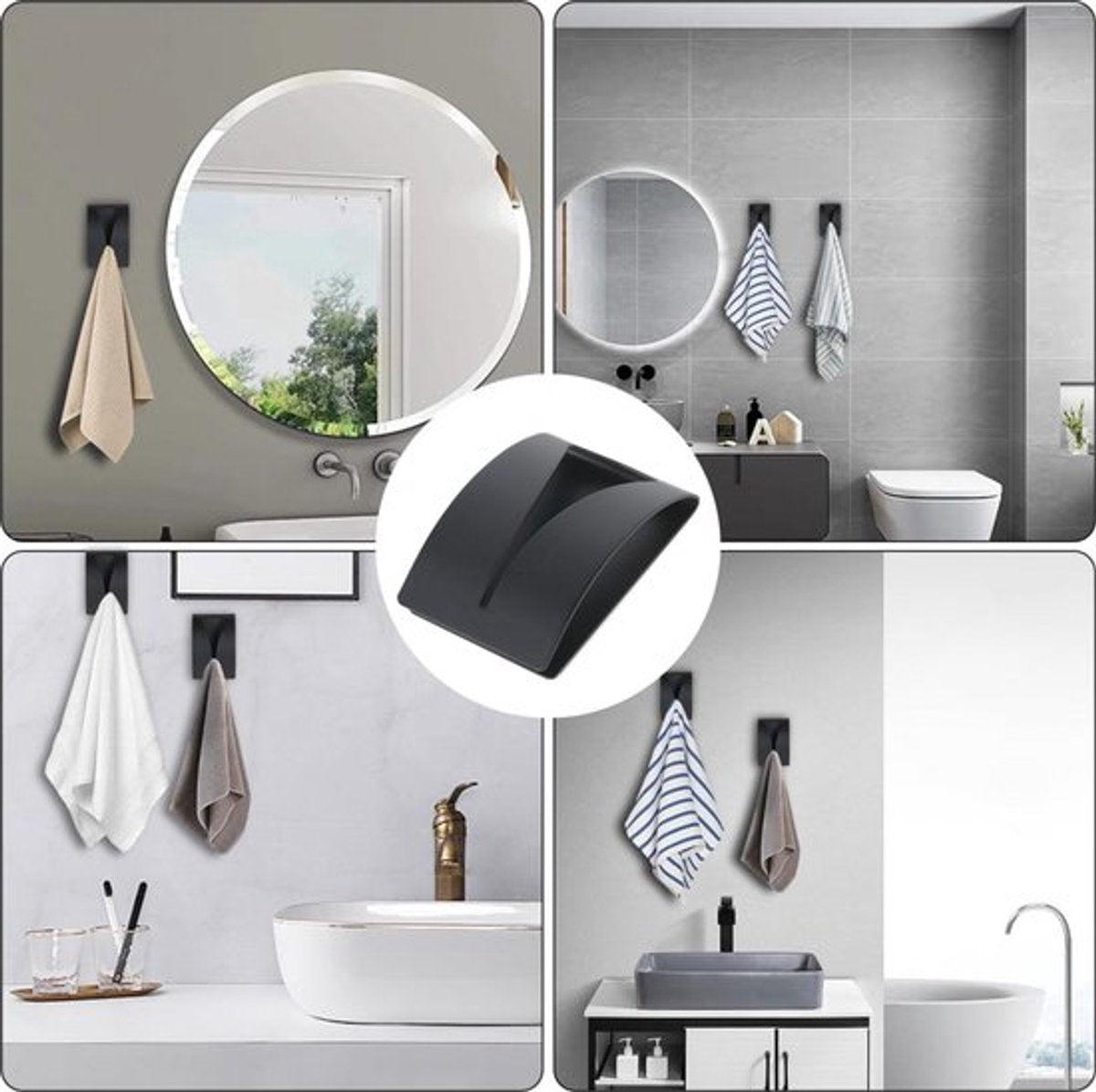 Towel Hook Set - Stainless Steel - Set of 4 Pieces - Self-Adhesive Towel Hook - Bathroom Towel Holder - Tea Towel Clamp - Towel Clamp - Towel Hook - No Drilling Required - Wall Mounting Hook - Kitchen Hanging Hook - Towel Hanger - Hooks - Black