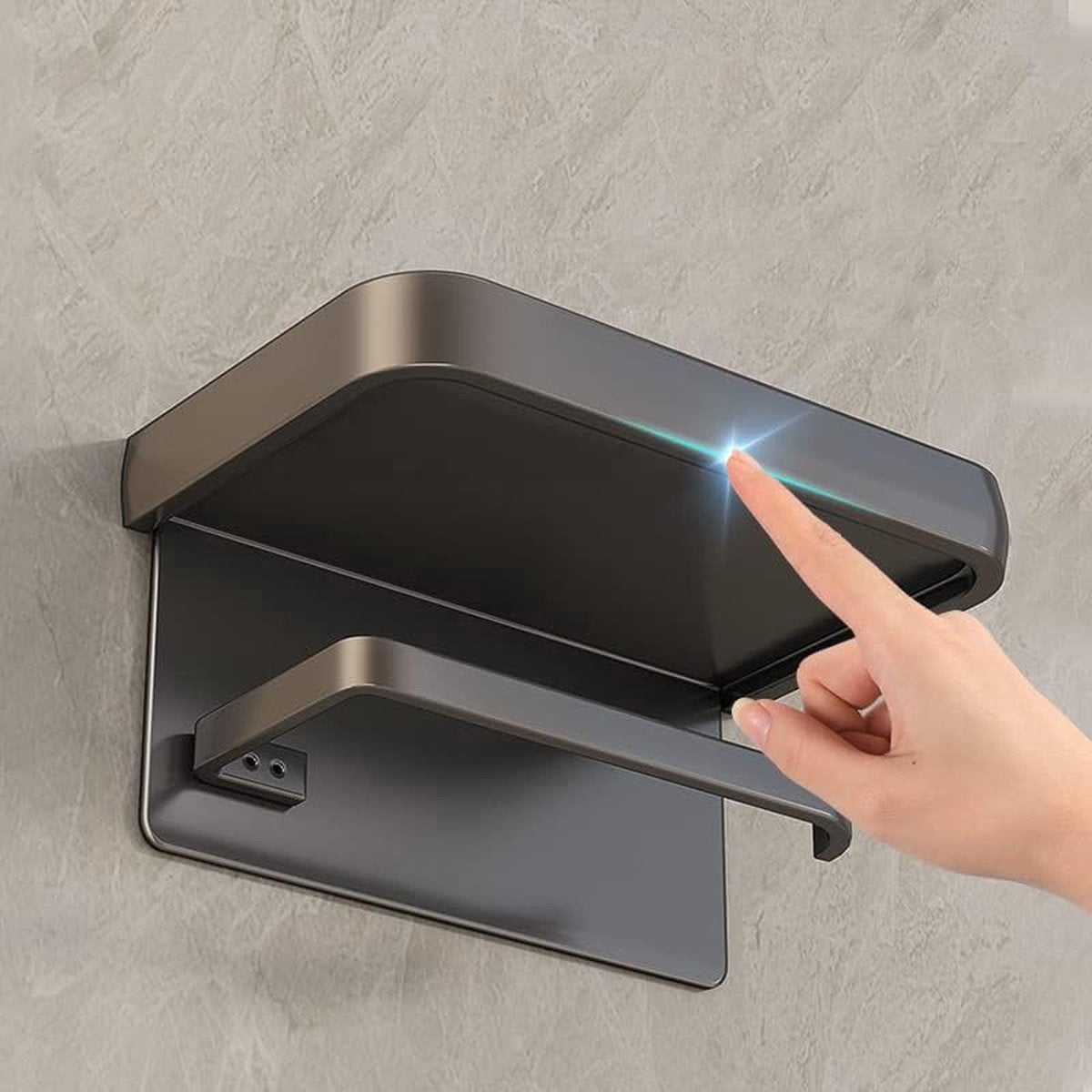 Toilet Roll Holder - With Shelf - Stainless Steel - High Load Capacity - Portable - Water Resistant - Self-Adhesive / Drilling Required - Toilet Roll Holder - Toilet Paper Holder - Tray - Grey - Incl. Screws - Easy to Install