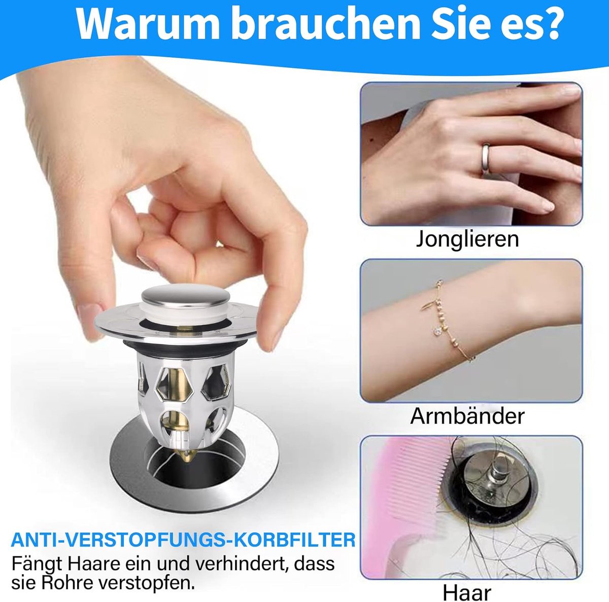Universal Sink Stopper - Pop-Up Washbasin Stopper - Washbasin Drain Plug - Drain Stopper - Drain Strainer - Hair Catcher - Washbasin - Drain Plugs - Washbasins - Bathroom / Kitchen - Anti-Hair - Chrome - For 34-40 mm