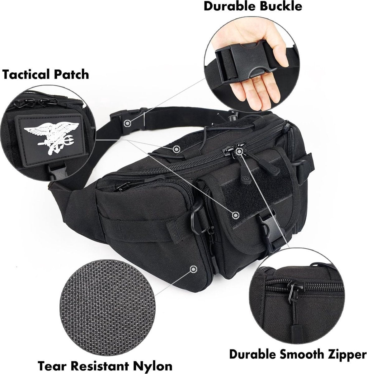 Waist Bag - Nylon Waist Bag - Waterproof - Large Capacity - Crossbody Bag - Multifunctional Sling Bag - Outdoor Anti-Theft - For Sports / Hiking / Cycling / Travel / Fishing - Phone Pouch - Black - Durable - Multiple Compartments