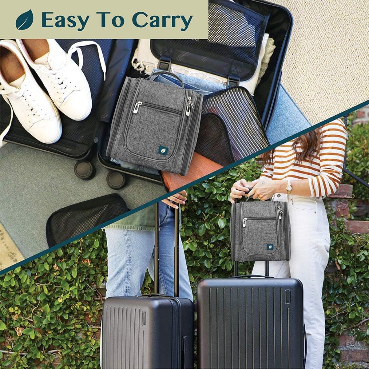 Toiletry Bag with Hook - For Women and Men - Hanging Toilet Travel Bag with Hook - Hanging - Travel & Camping Suitcase Accessories - Toiletry Bag for Women & Men - Makeup Bag with Mesh, Waterproof Pockets - Grey