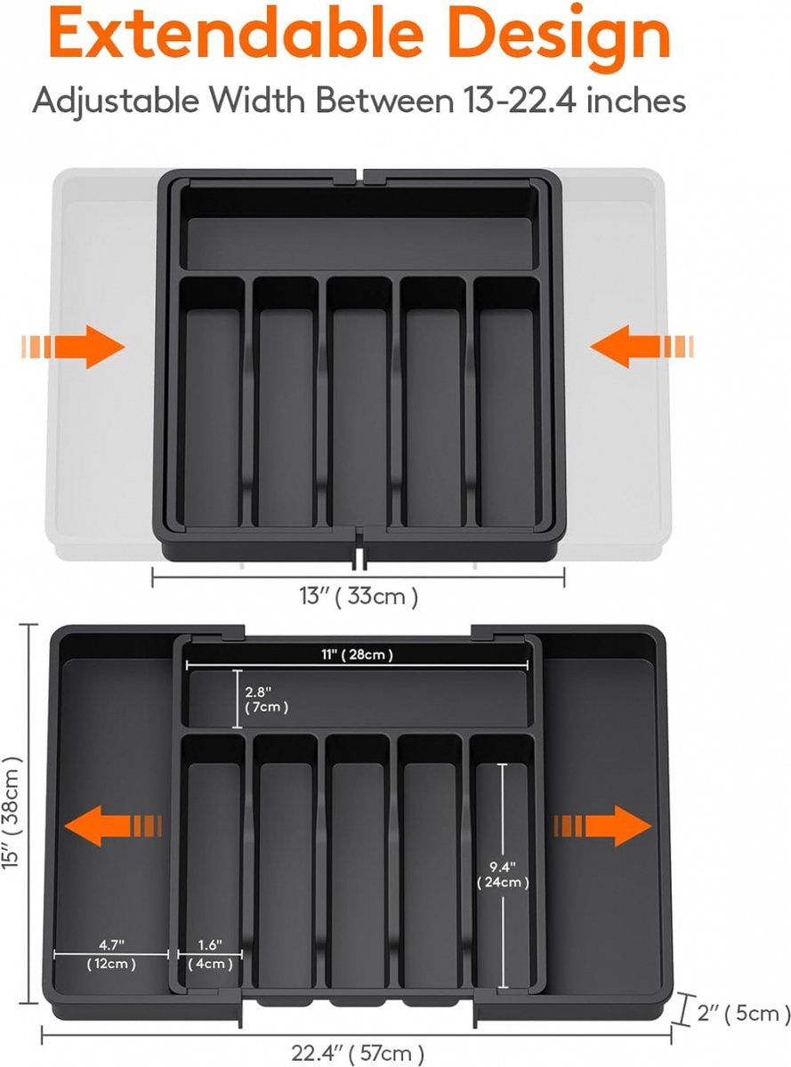 Extendable Cutlery Tray with 8 Compartments - 38 Cm Deep - Cutlery Cassette - Cutlery Drawer Organizer - Kitchen Cutlery Holder - BPA-Free - Organizer - Kitchen Drawer - Cutlery - 57 x 38 x 5 Cm Maximum Size - 33 x 38 x 5 Minimum Size - 6 to 8 Compartment