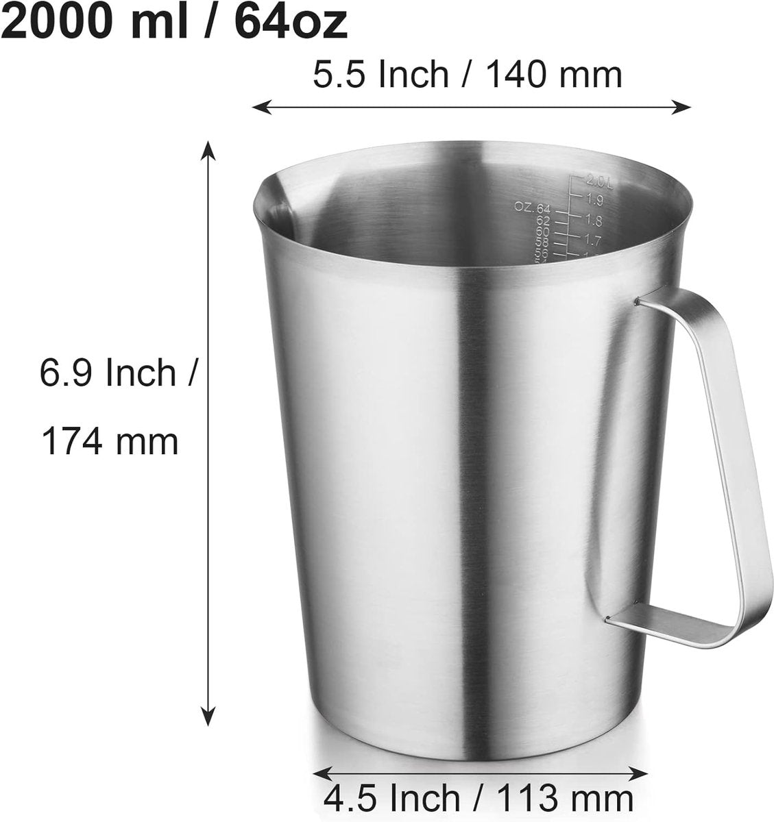 Measuring Cup with Pouring Spout - Measuring Cups with Scale - 2 Liters - Small Measuring Cups - Measuring Cups - Measuring Beaker - Cups - Measuring Jug - Measuring Cup - 304 Stainless Steel - 14.5 x 17 x 14.5 Cm (L x W x H) - Silver - For Precise Weighi