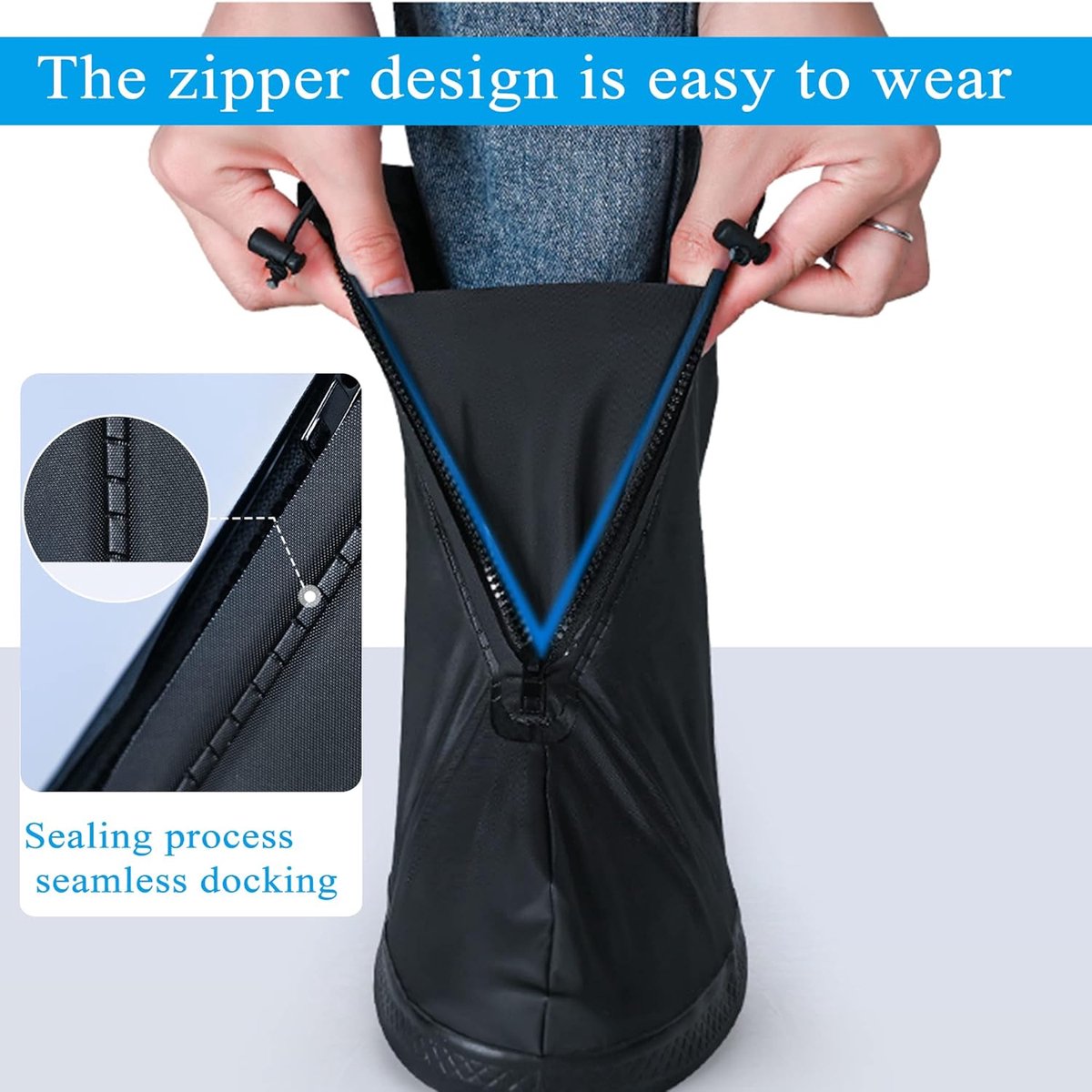 Waterproof Shoe Covers - Rain Shoe Covers - With Zipper, Drawstring and Snap - Waterproof Shoe Protectors - Motorcycle Scooter Bicycle Shoe Cover - Shoe Rain Cover - Shoe Cover - Shoe Covers - Anti-Slip - M Size 38-39 - Black - Reusable