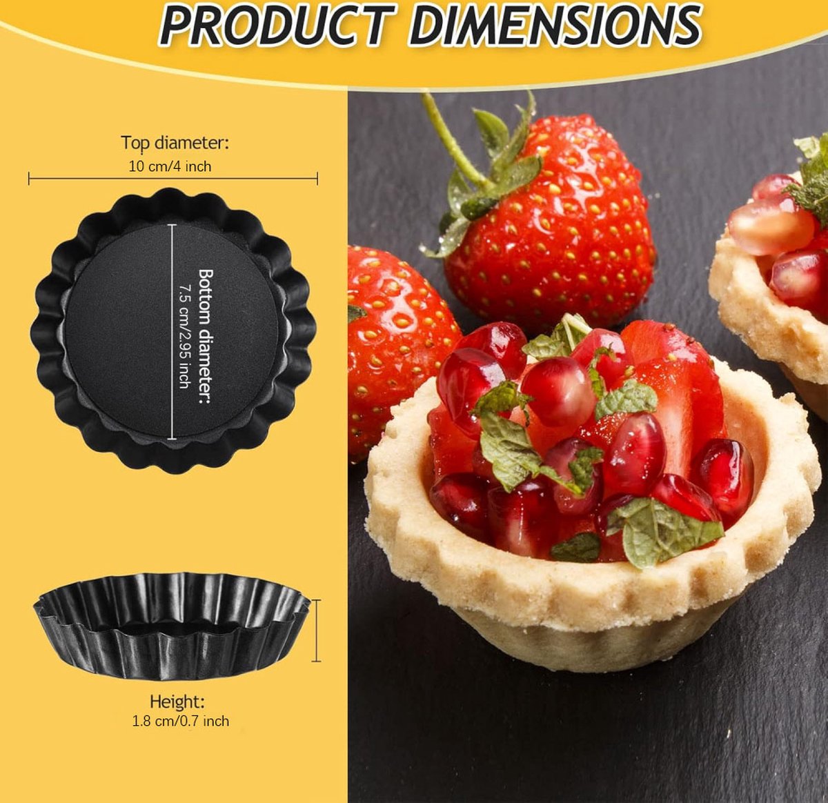 Quiche Pans - Set of 4 - Diameter 10 cm - Quiche Pan with Removable Base - Quiche Baking Pan - Tart Pan with Non-stick Coating - Removable Base - Bake Evenly - Cake Pan - Baking Pan - Baking Tin - Quiche Tart Pan Tin - Dishwasher Safe - Black