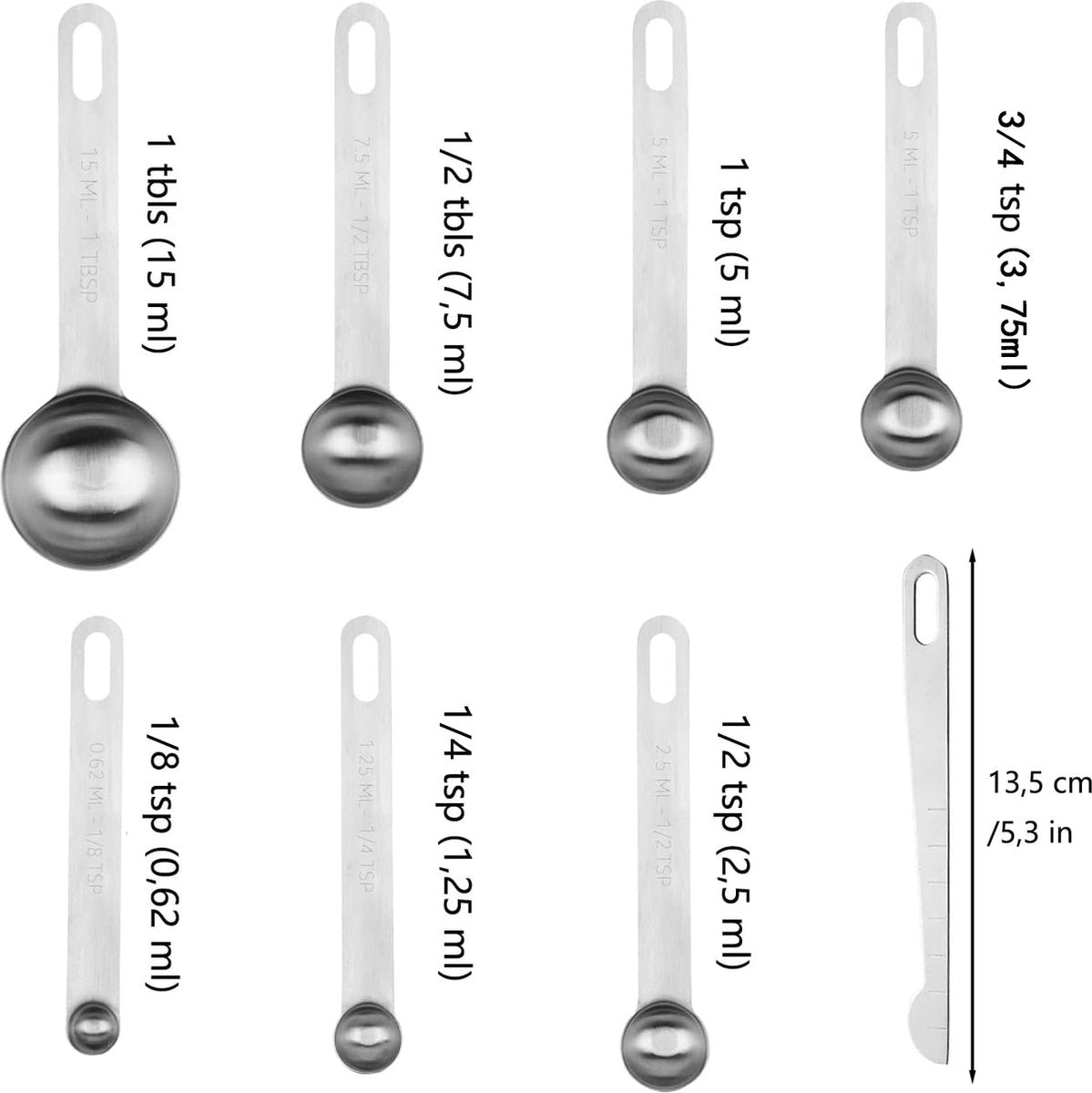 Measuring Spoon Set - Measuring Cup Set - 8-Piece - High-Quality Stainless Steel - Measuring Spoons - Measuring Scoops - Measuring Spoon - Weighing Grams & Milli - Durable - Baking / Cooking / Coffee / Spices - For Measuring Dry and Liquid Ingredients