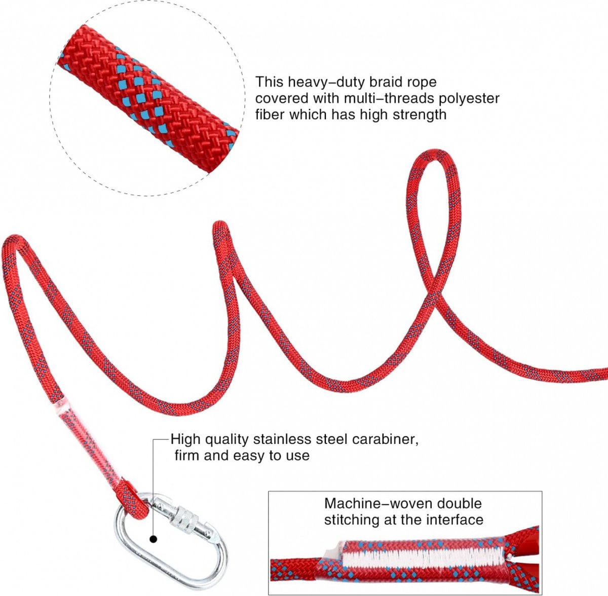 Climbing rope 10 meters - 1000 kg tensile strength - including 2 carabiners - red