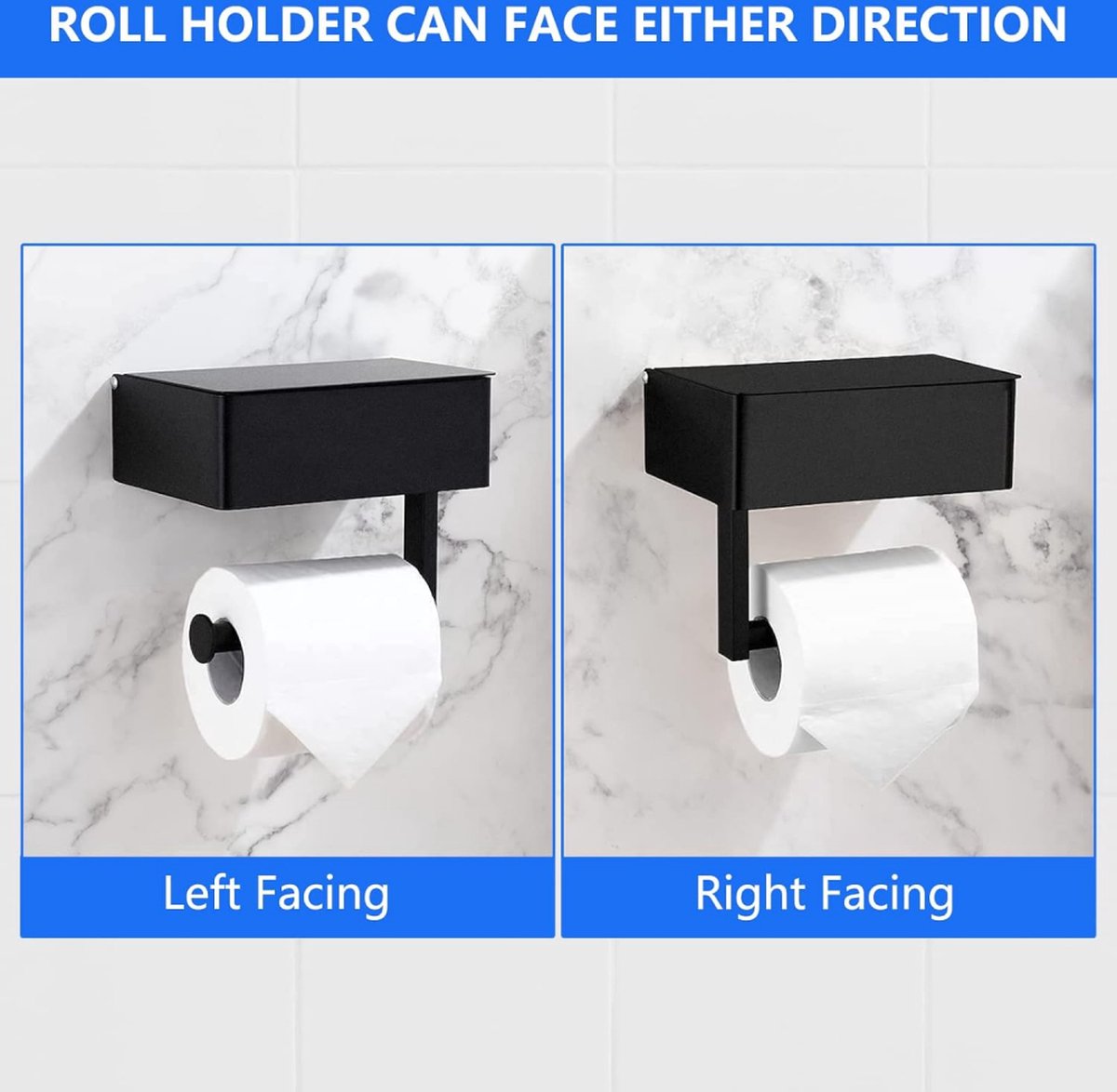 Toilet Roll Holder - Toilet Roll Holder with Shelf - Toilet Paper Holder - Small Shelf & Tray - Shelf Storage Space - Self-Adhesive or Drill-Removed - Bathroom Accessories - Water Resistant - Black