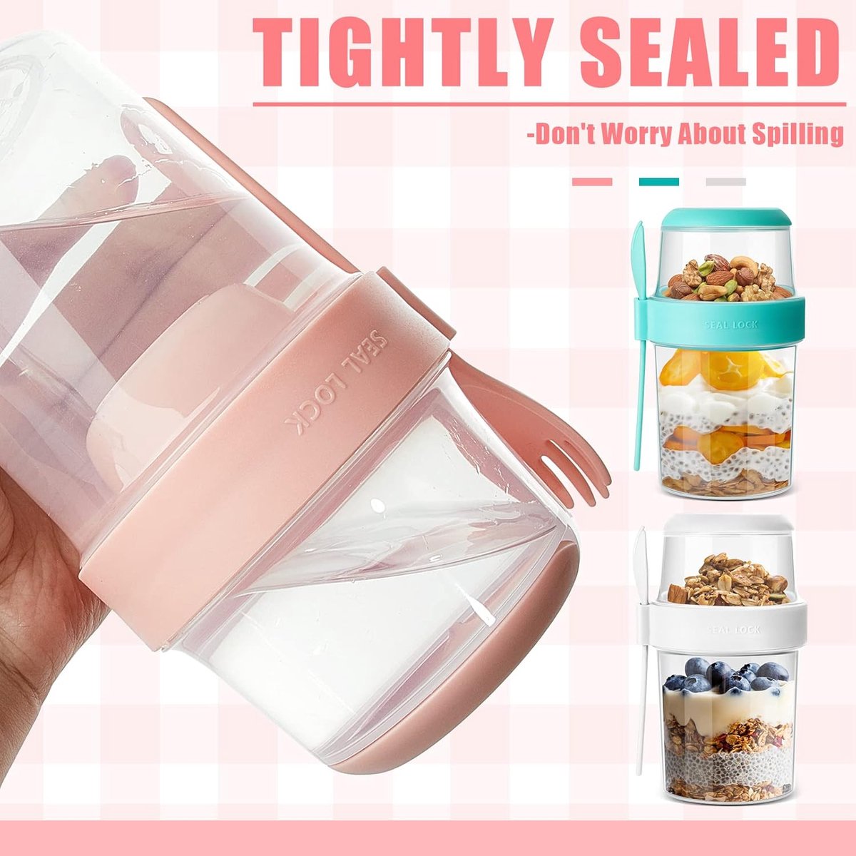 Yogurt Cup - Yogurt Cup To Go - Lunch Pot - BPA-Free - With Spoon - Muesli Cup To Go - Lunch Cup - Lunch Box - Lunch Container - Takeaway - Leakproof - Medium - 560 + 310 ml - Salad To Go - Salad Box - Pink and Green - Sustainable