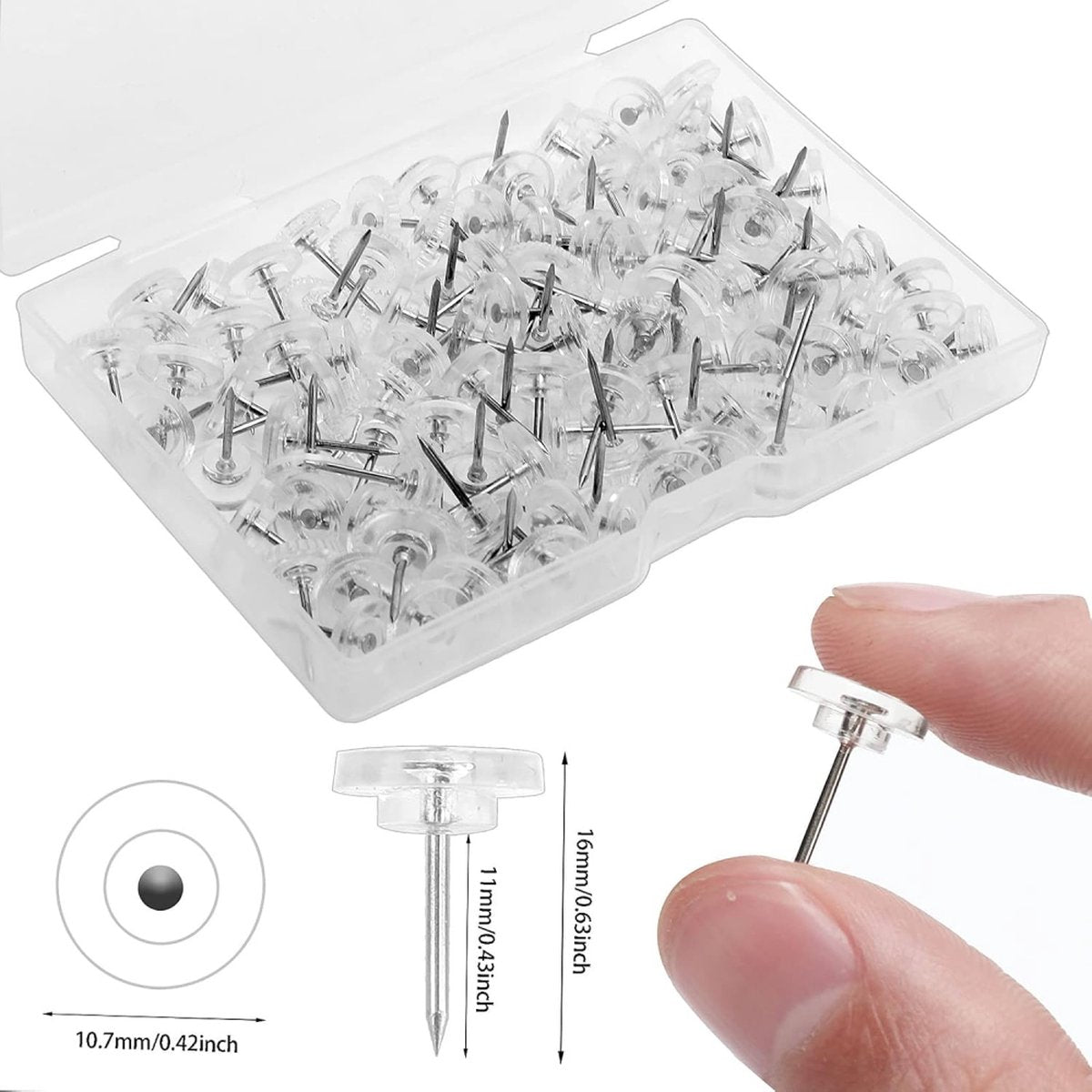 Thumbtacks - Set of 100 Pushpins - Reusable - For Bulletin Board, Memo Board, or World Map - Easy to Carry - Transparent - Everyday Life Aids