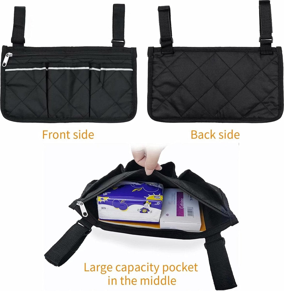 Wheelchair Armrest Storage Bag - Wheelchair Bag with 4 Storage Compartments - 32.5 x 18 cm - Waterproof Armrest Bag - with Safety Reflective Stripe - Universal Wheelchair Side Bag - Wheelchair Bag - Mobility Scooter Bag - Wheelchair Shopping Bag - Black