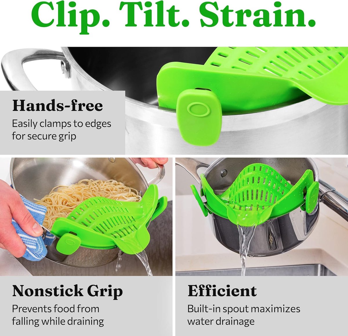 Silicone Colander - Kitchen Draining Lid - Draining Aid - Silicone - BPA Free - Safe Hands-Free Draining - Colander - Safe Draining - Solid Compact Kitchen Draining Lid - Draining Lid - Green - Dishwasher Safe - For All Sizes of Pans